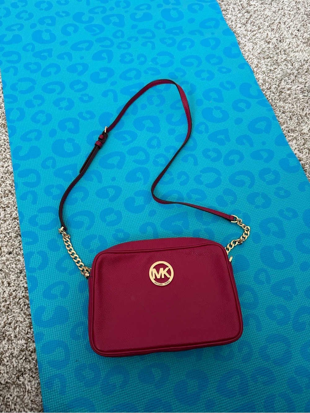 Michael Kors Magenta Leather Crossbody with Gold MK Emblem